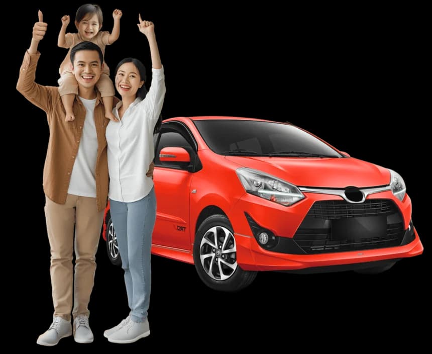 Keluarga di samping mobil, ilustrasi pembiayaan dengan jaminan BPKB